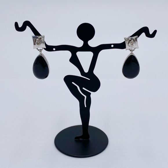 Sterling Silver Black Onyx Stone Dangle Earrings - Picture 9 of 10